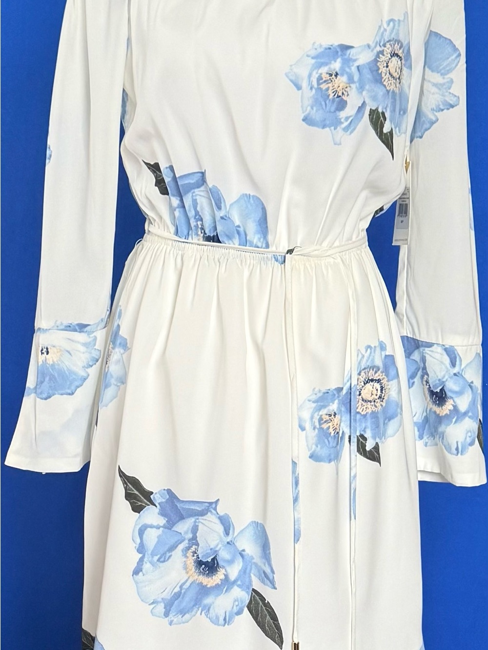 Dex White Long Sleeve Dress with Blue Floral Print